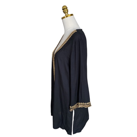 MIRA Black V-neck 3/4 Sleeve Gold Beads Embroidered Boho Flowy Tunic Womens Sz L - Picture 6 of 11